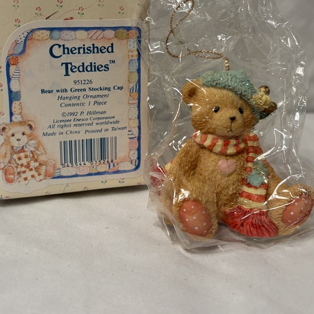 Cherished Teddies 1992 Bear w/ Green Stocking Cap Ornament w/ Box Vintage